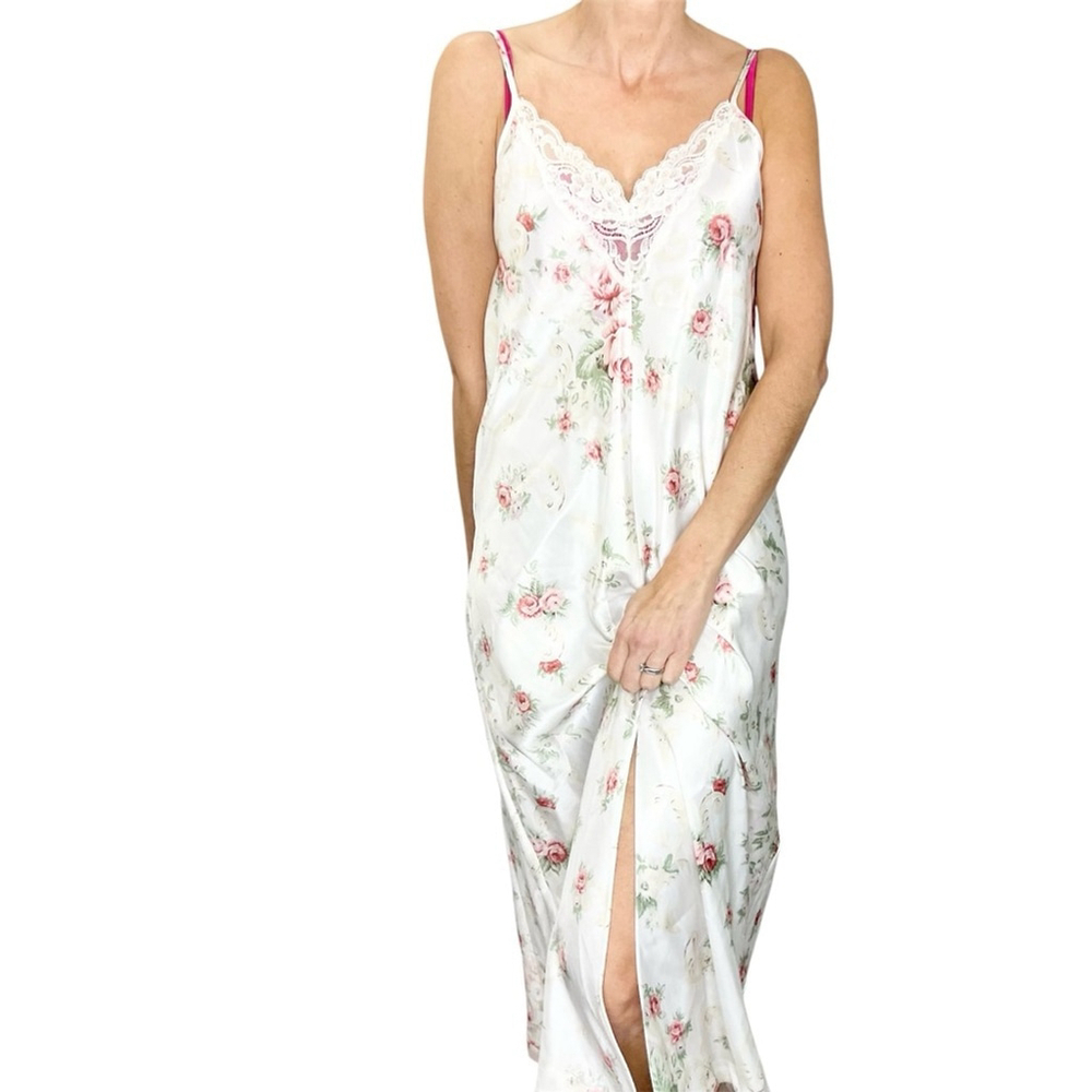 Vintage 80s 90s Linda x Eaton white pink floral satin low back midi slip dress S